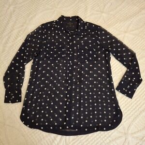 Banana Republic Parker Large Navy Blue Button Shirt Sheer Lightweight Polka Dot